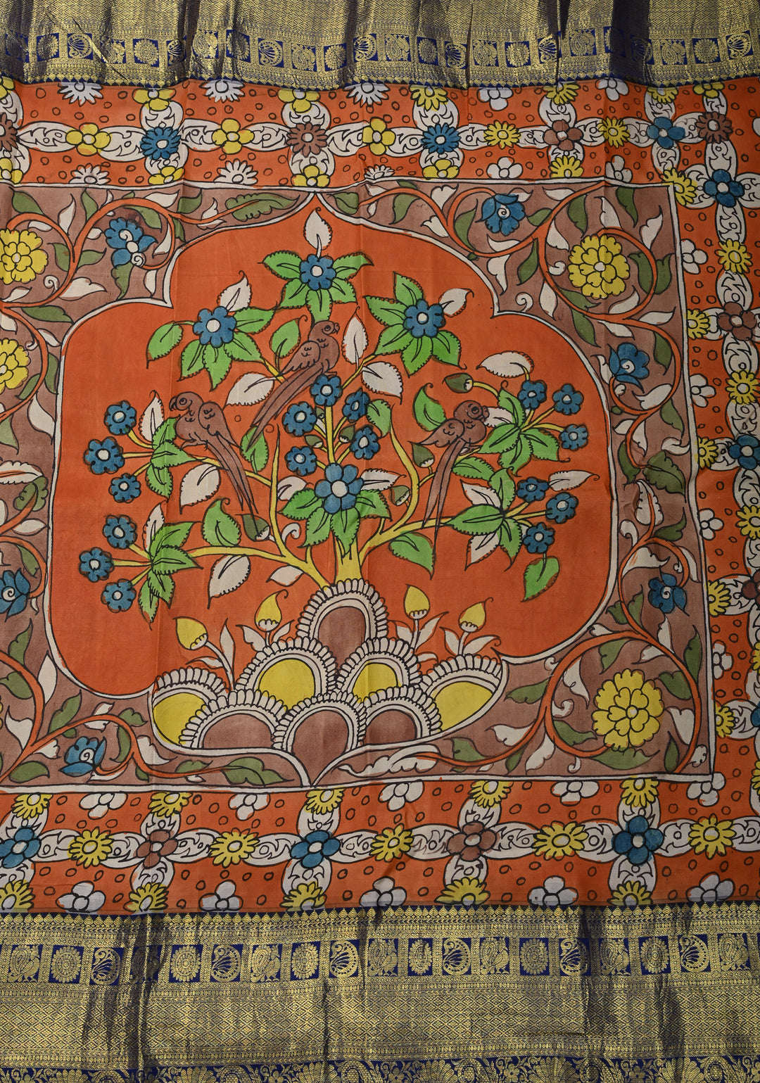 Floral Theme : Orange Authentic Pen kalamkari on Kanjivaram Silk Saree with Zari Border | SILK MARK CERTIFIED