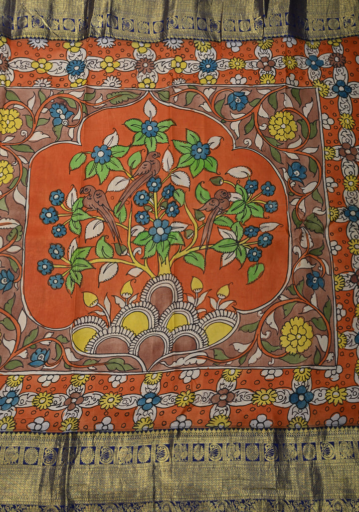 Floral Theme : Orange Authentic Pen kalamkari on Kanjivaram Silk Saree with Zari Border | SILK MARK CERTIFIED