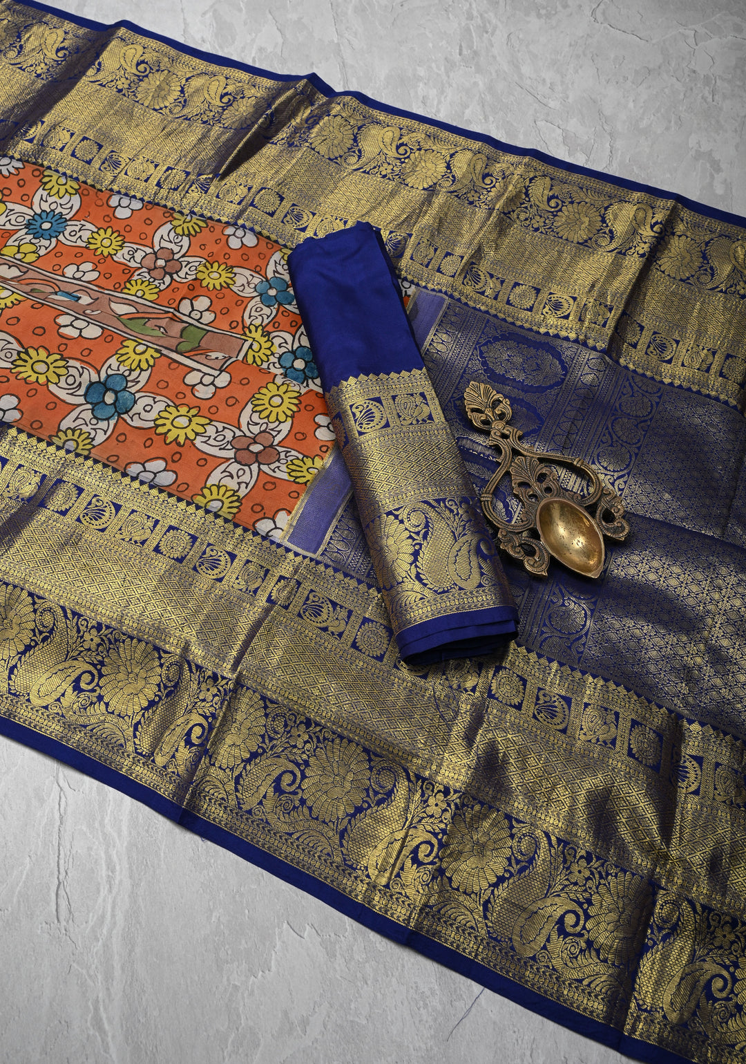 Floral Theme : Orange Authentic Pen kalamkari on Kanjivaram Silk Saree with Zari Border | SILK MARK CERTIFIED