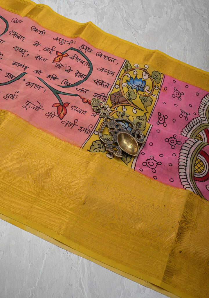 Script and Sita-Ram Swayamvaram on Pallu Theme pen Kalamkari on Bangalore silk
