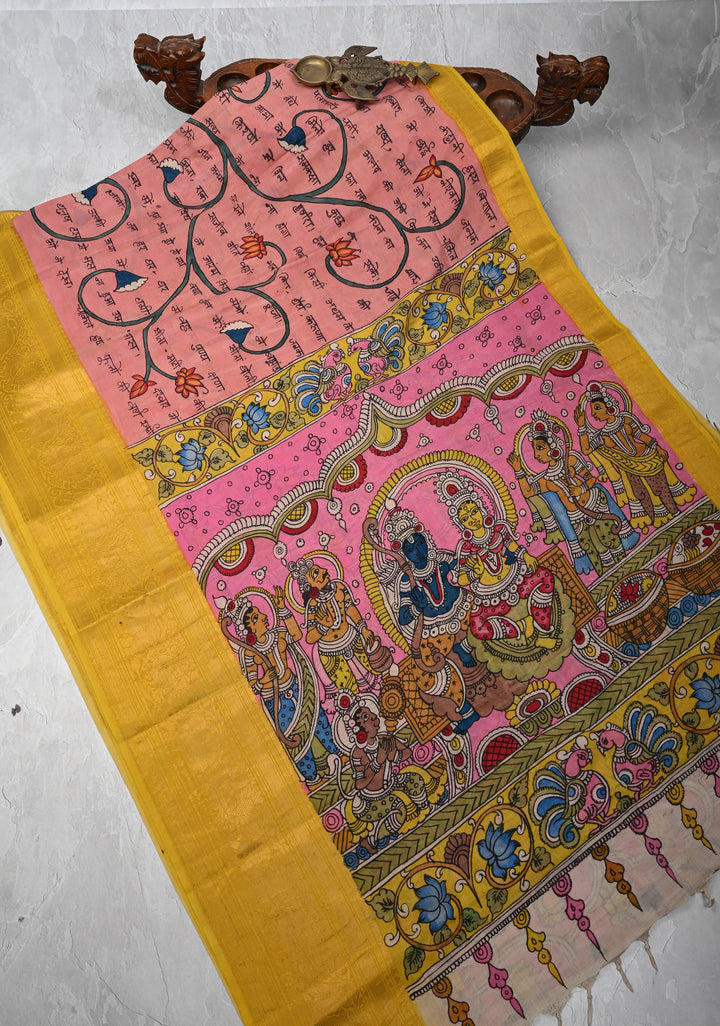 Script and Sita-Ram Swayamvaram on Pallu Theme pen Kalamkari on Bangalore silk