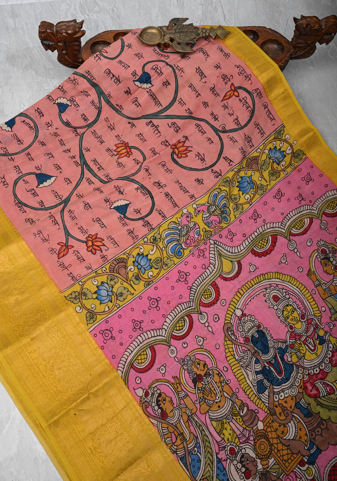 Script and Sita-Ram Swayamvaram on Pallu Theme pen Kalamkari on Bangalore silk