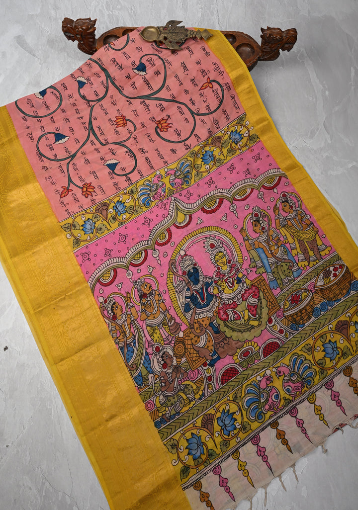 Script and Sita-Ram Swayamvaram on Pallu Theme pen Kalamkari on Bangalore silk
