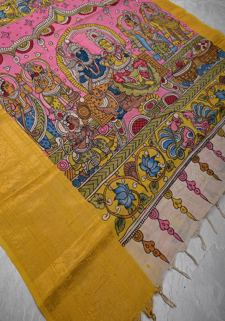 Script and Sita-Ram Swayamvaram on Pallu Theme pen Kalamkari on Bangalore silk