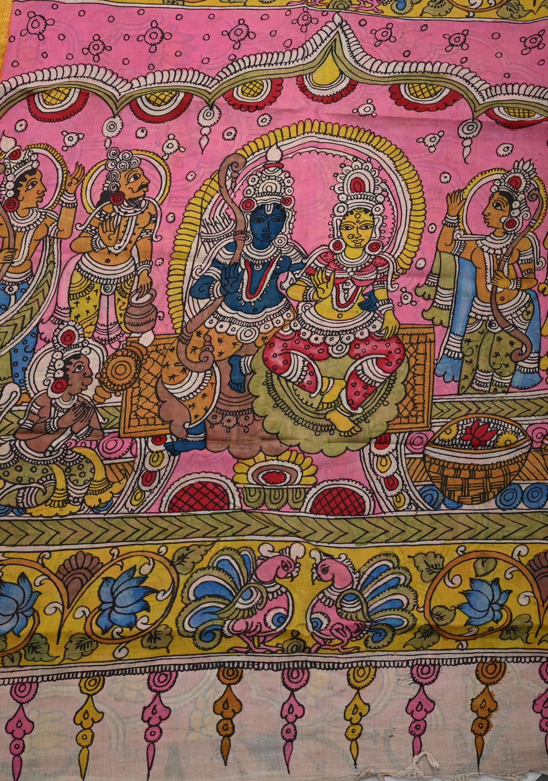 Script and Sita-Ram Swayamvaram on Pallu Theme pen Kalamkari on Bangalore silk