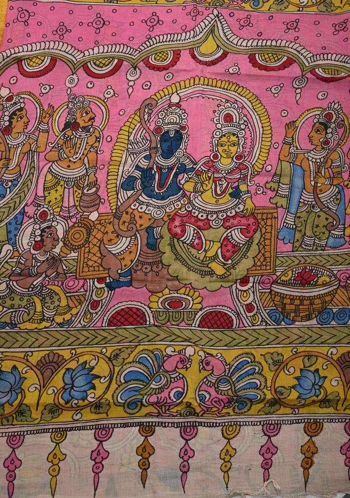 Script and Sita-Ram Swayamvaram on Pallu Theme pen Kalamkari on Bangalore silk