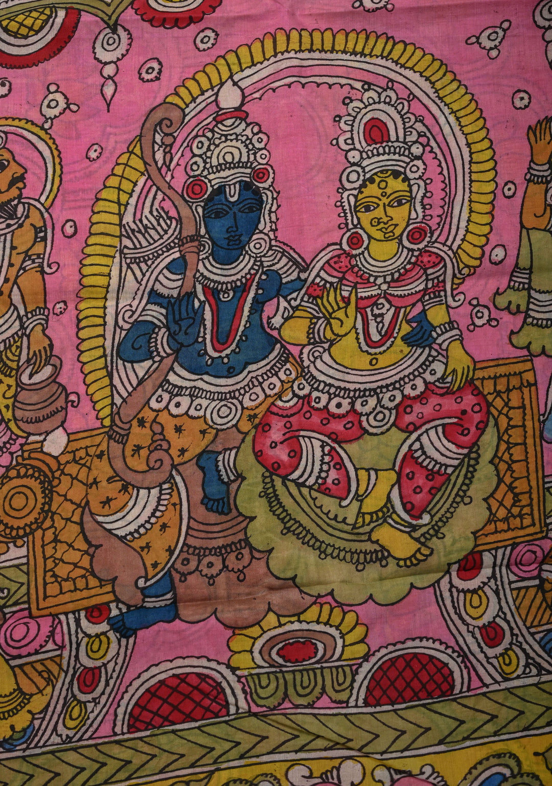 Script and Sita-Ram Swayamvaram on Pallu Theme pen Kalamkari on Bangalore silk