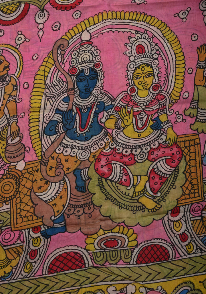 Script and Sita-Ram Swayamvaram on Pallu Theme pen Kalamkari on Bangalore silk