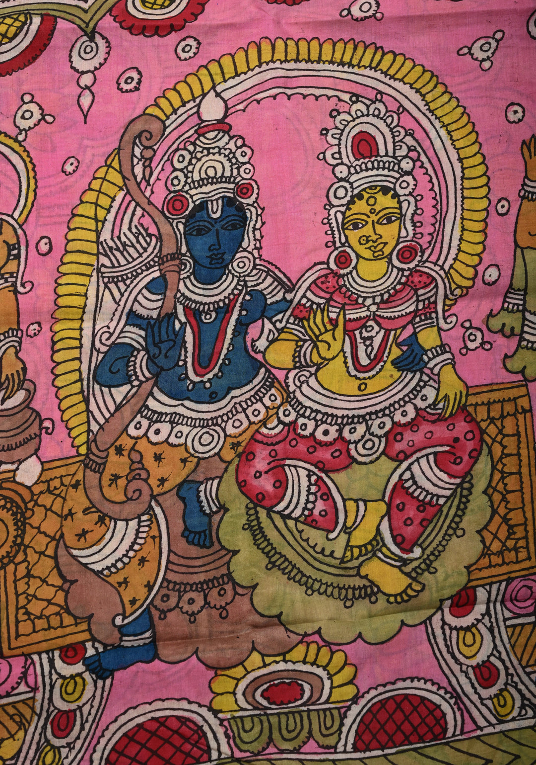 Script and Sita-Ram Swayamvaram on Pallu Theme pen Kalamkari on Bangalore silk