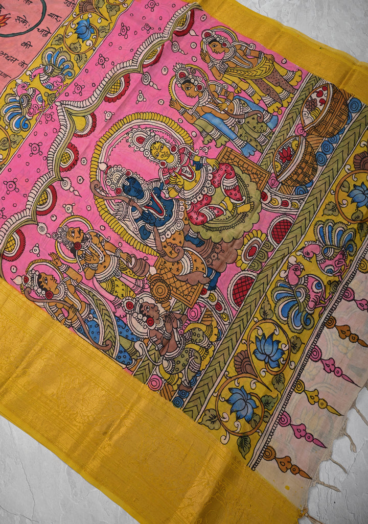 Script and Sita-Ram Swayamvaram on Pallu Theme pen Kalamkari on Bangalore silk