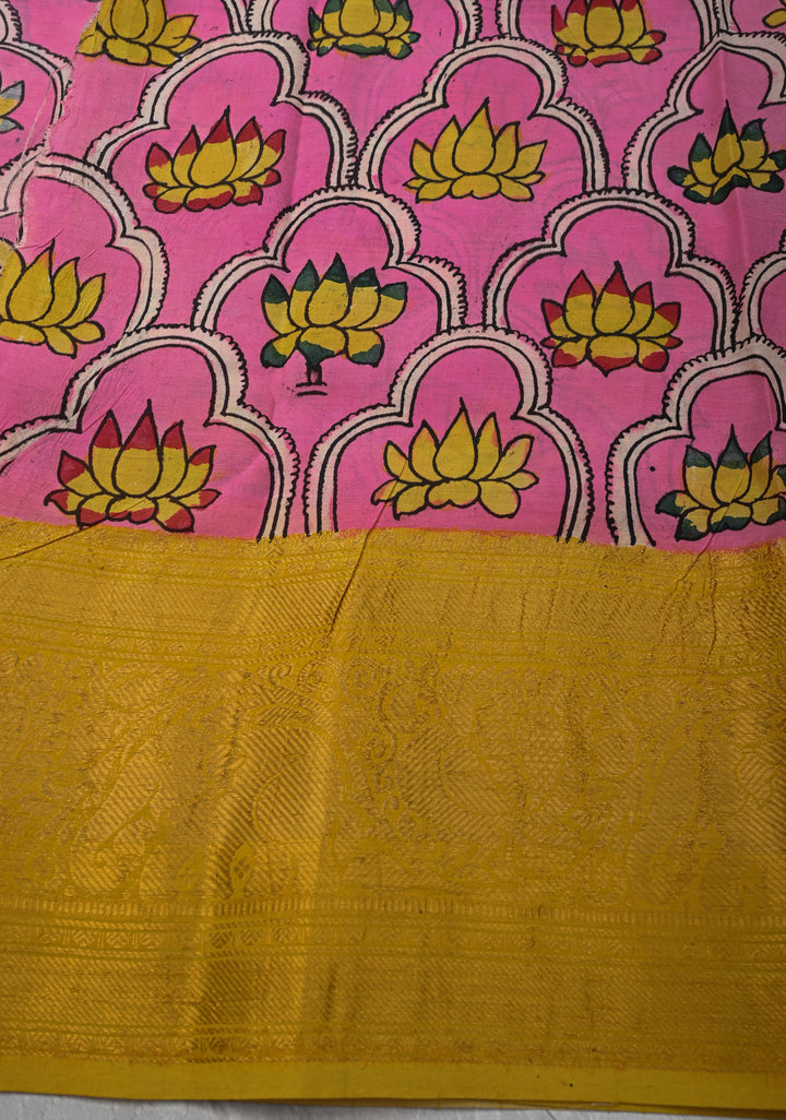 Script and Sita-Ram Swayamvaram on Pallu Theme pen Kalamkari on Bangalore silk