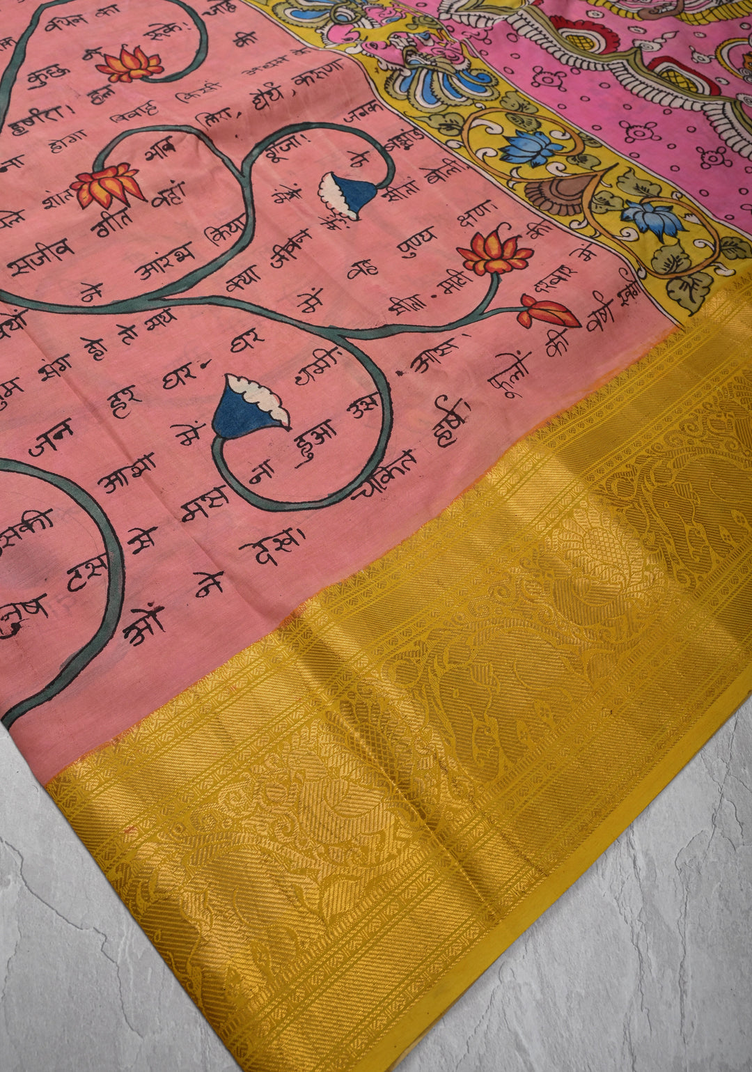 Script and Sita-Ram Swayamvaram on Pallu Theme pen Kalamkari on Bangalore silk