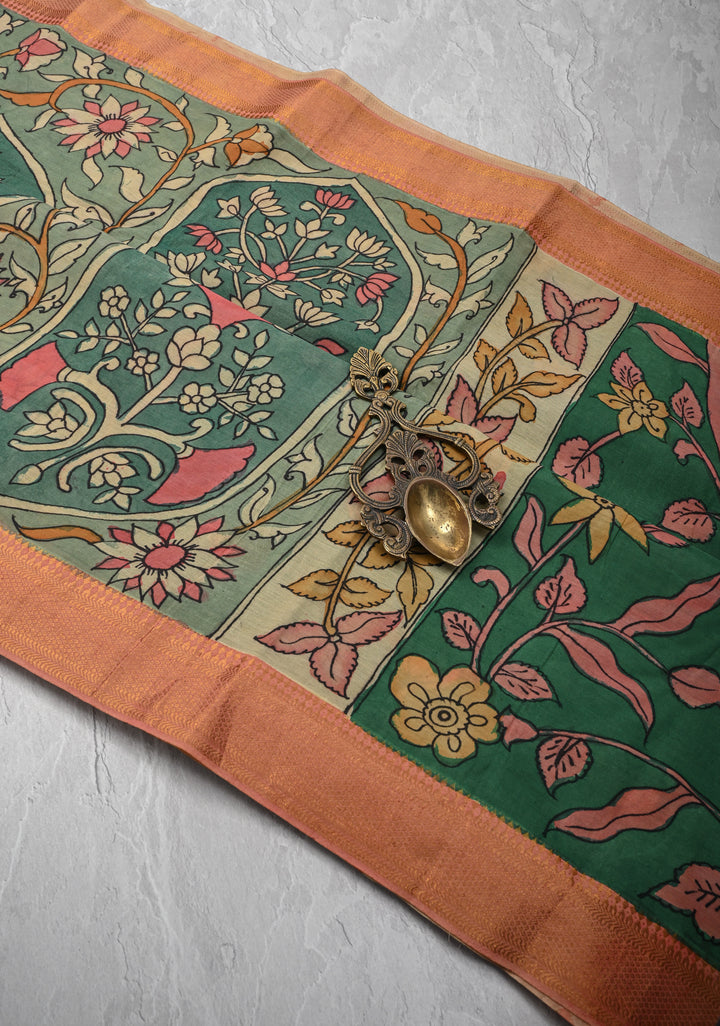 Floral Theme: Sage Green Authentic Pen kalamkari on Mangalagiri Silk Cotton  Saree with Zari Border