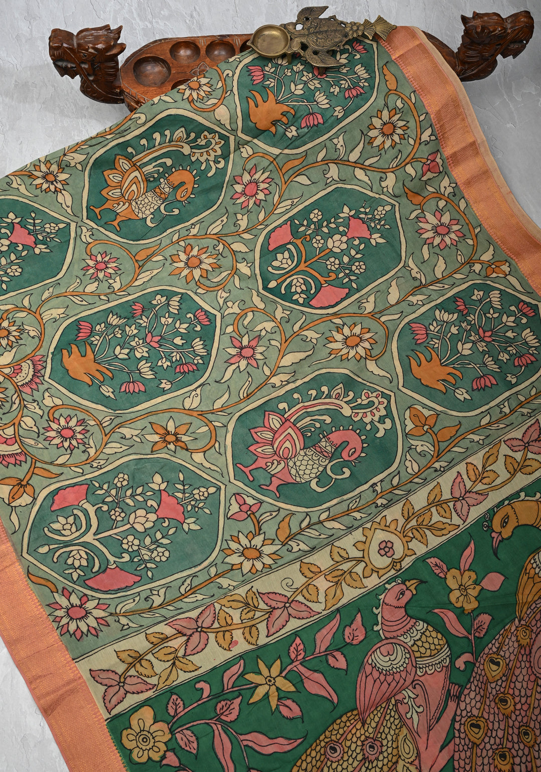 Floral Theme: Sage Green Authentic Pen kalamkari on Mangalagiri Silk Cotton  Saree with Zari Border