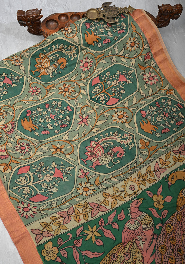 Floral Theme: Sage Green Authentic Pen kalamkari on Mangalagiri Silk Cotton  Saree with Zari Border