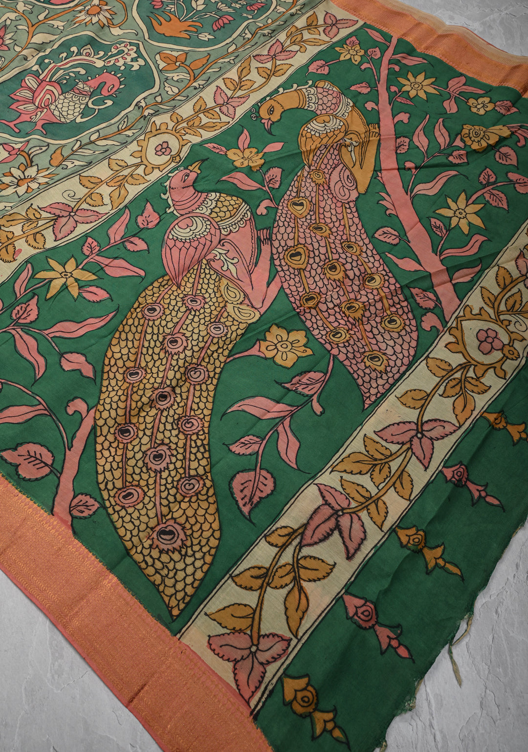 Floral Theme: Sage Green Authentic Pen kalamkari on Mangalagiri Silk Cotton  Saree with Zari Border