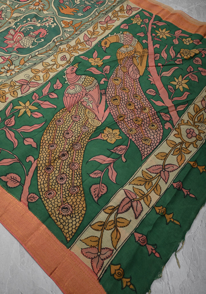 Floral Theme: Sage Green Authentic Pen kalamkari on Mangalagiri Silk Cotton  Saree with Zari Border