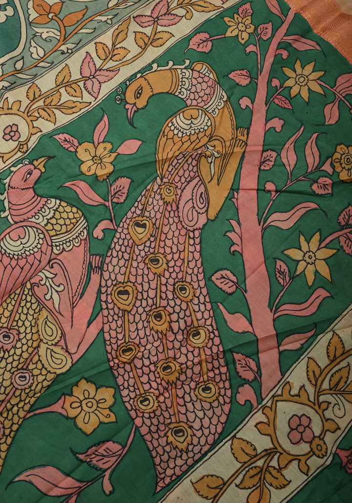Floral Theme: Sage Green Authentic Pen kalamkari on Mangalagiri Silk Cotton  Saree with Zari Border