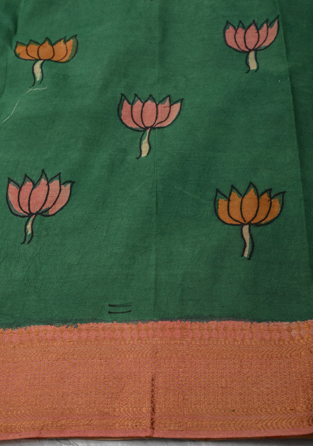 Floral Theme: Sage Green Authentic Pen kalamkari on Mangalagiri Silk Cotton  Saree with Zari Border