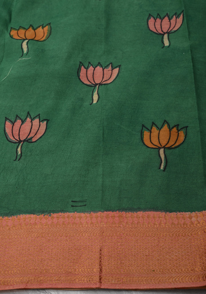 Floral Theme: Sage Green Authentic Pen kalamkari on Mangalagiri Silk Cotton  Saree with Zari Border