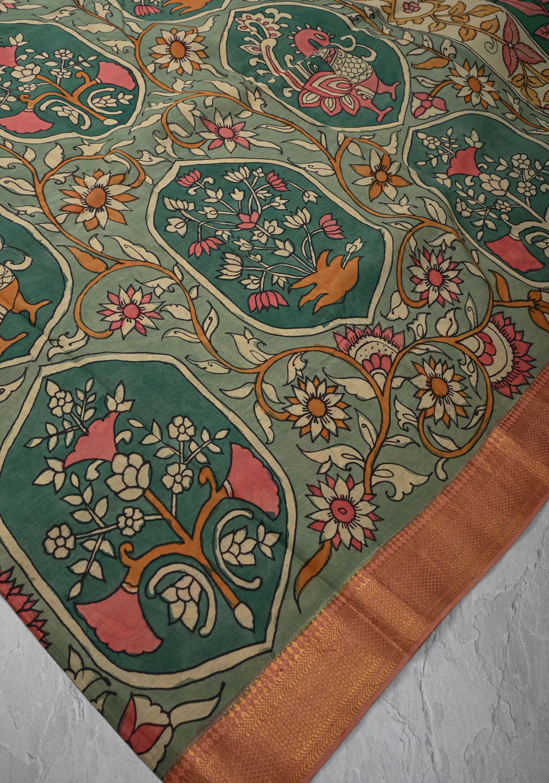 Floral Theme: Sage Green Authentic Pen kalamkari on Mangalagiri Silk Cotton  Saree with Zari Border