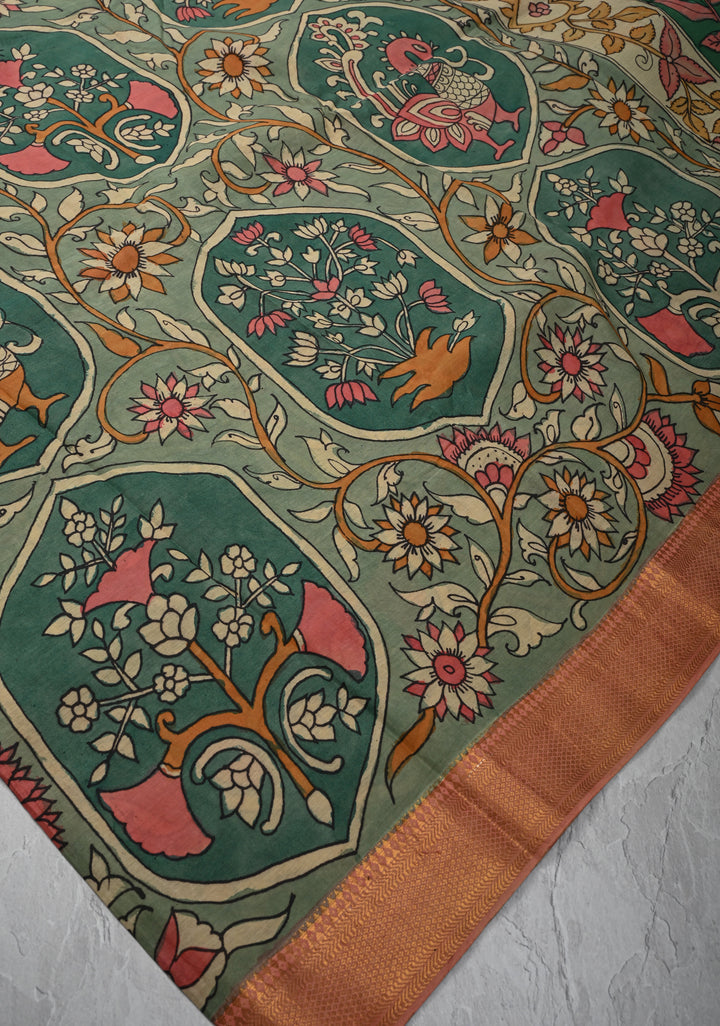 Floral Theme: Sage Green Authentic Pen kalamkari on Mangalagiri Silk Cotton  Saree with Zari Border