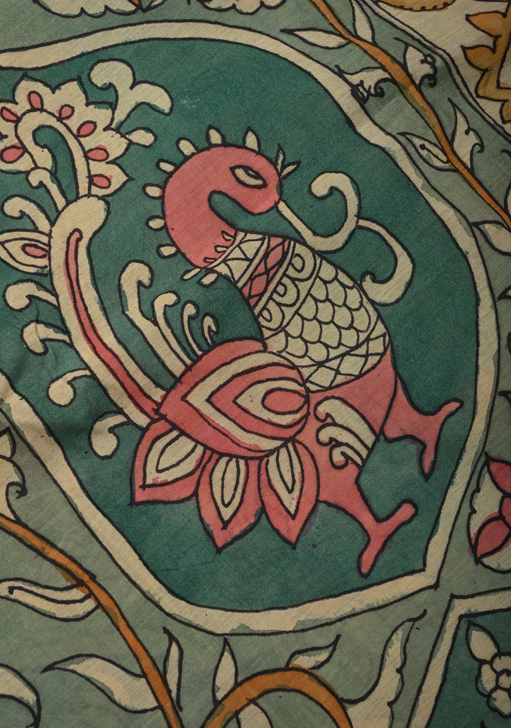 Floral Theme: Sage Green Authentic Pen kalamkari on Mangalagiri Silk Cotton  Saree with Zari Border