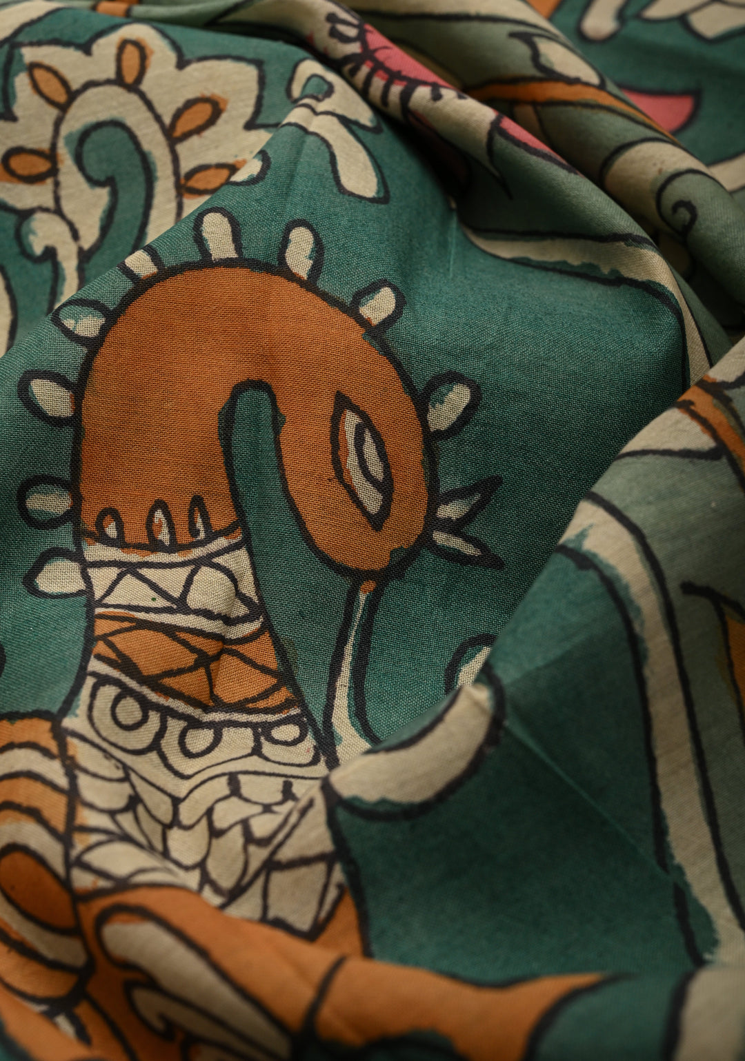 Floral Theme: Sage Green Authentic Pen kalamkari on Mangalagiri Silk Cotton  Saree with Zari Border