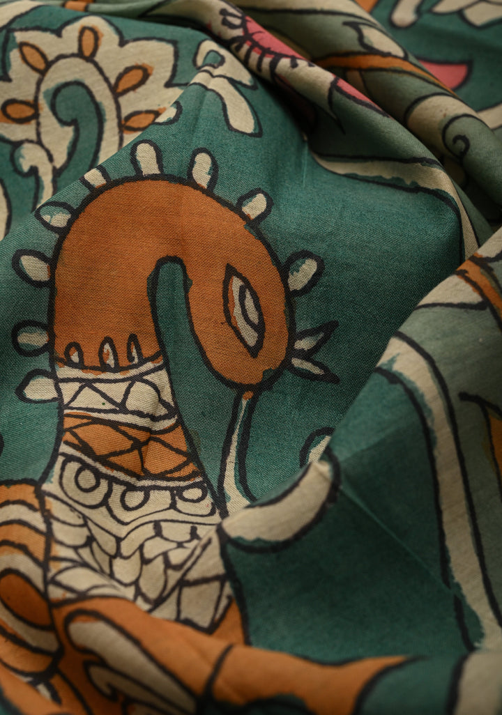 Floral Theme: Sage Green Authentic Pen kalamkari on Mangalagiri Silk Cotton  Saree with Zari Border