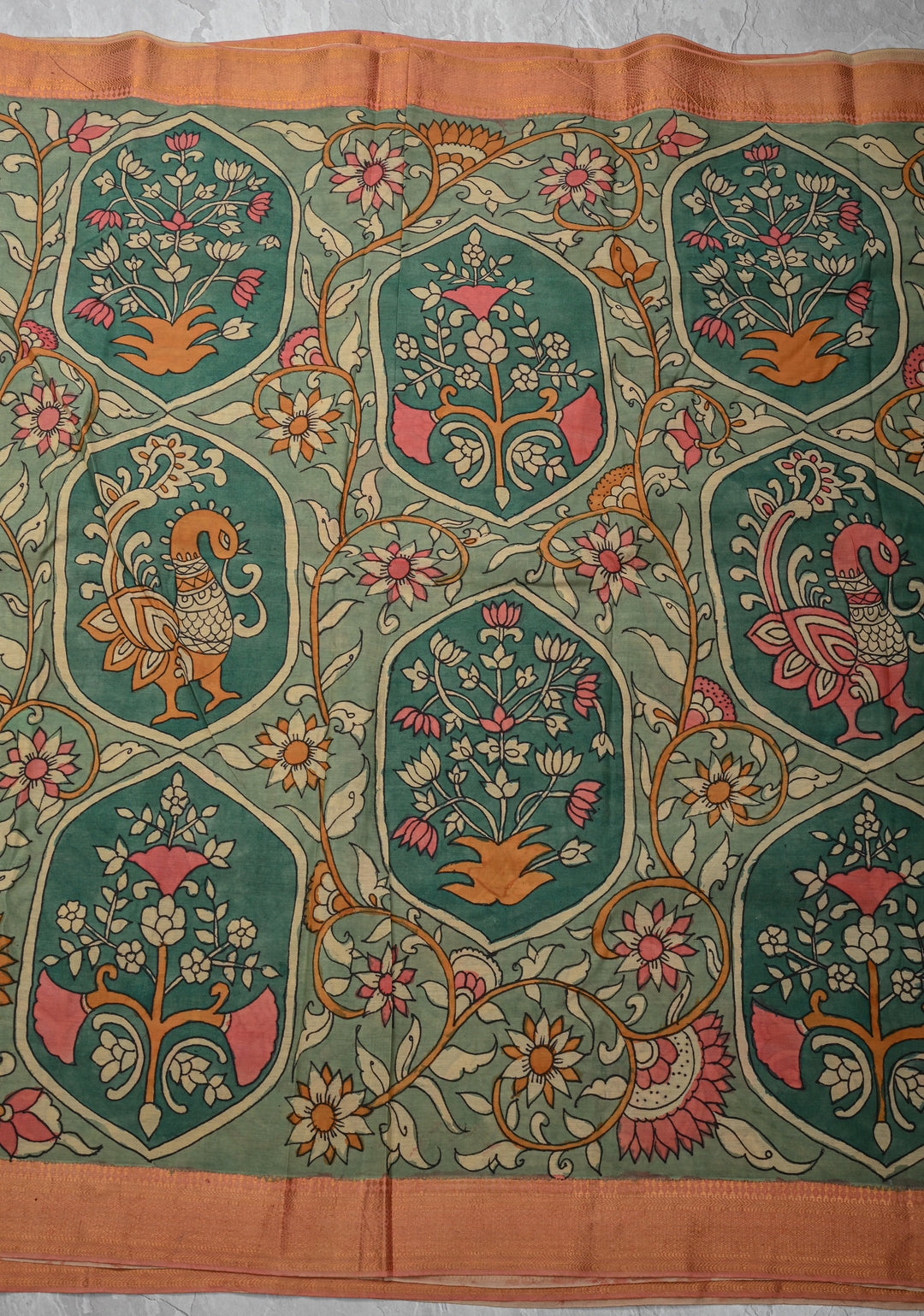 Floral Theme: Sage Green Authentic Pen kalamkari on Mangalagiri Silk Cotton  Saree with Zari Border