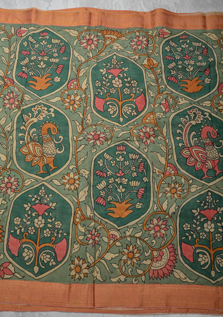 Floral Theme: Sage Green Authentic Pen kalamkari on Mangalagiri Silk Cotton  Saree with Zari Border