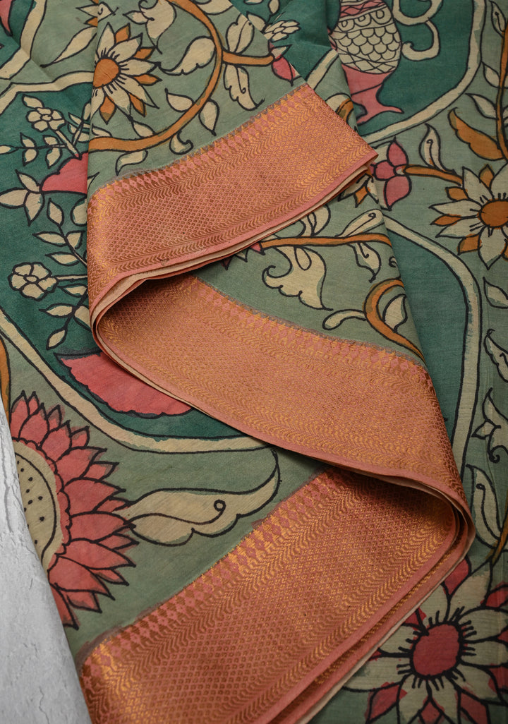 Floral Theme: Sage Green Authentic Pen kalamkari on Mangalagiri Silk Cotton  Saree with Zari Border