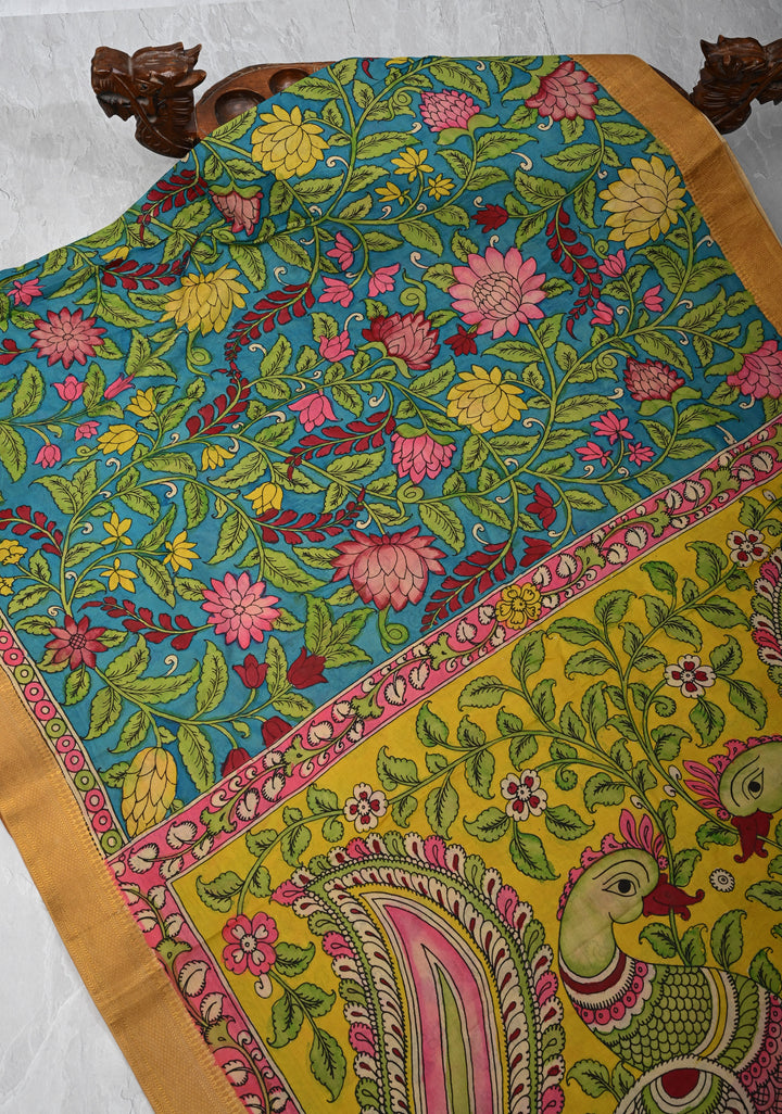 Floral Theme: Azure Blue Authentic Pen kalamkari on Mangalagiri Silk Cotton  Saree with Zari Border