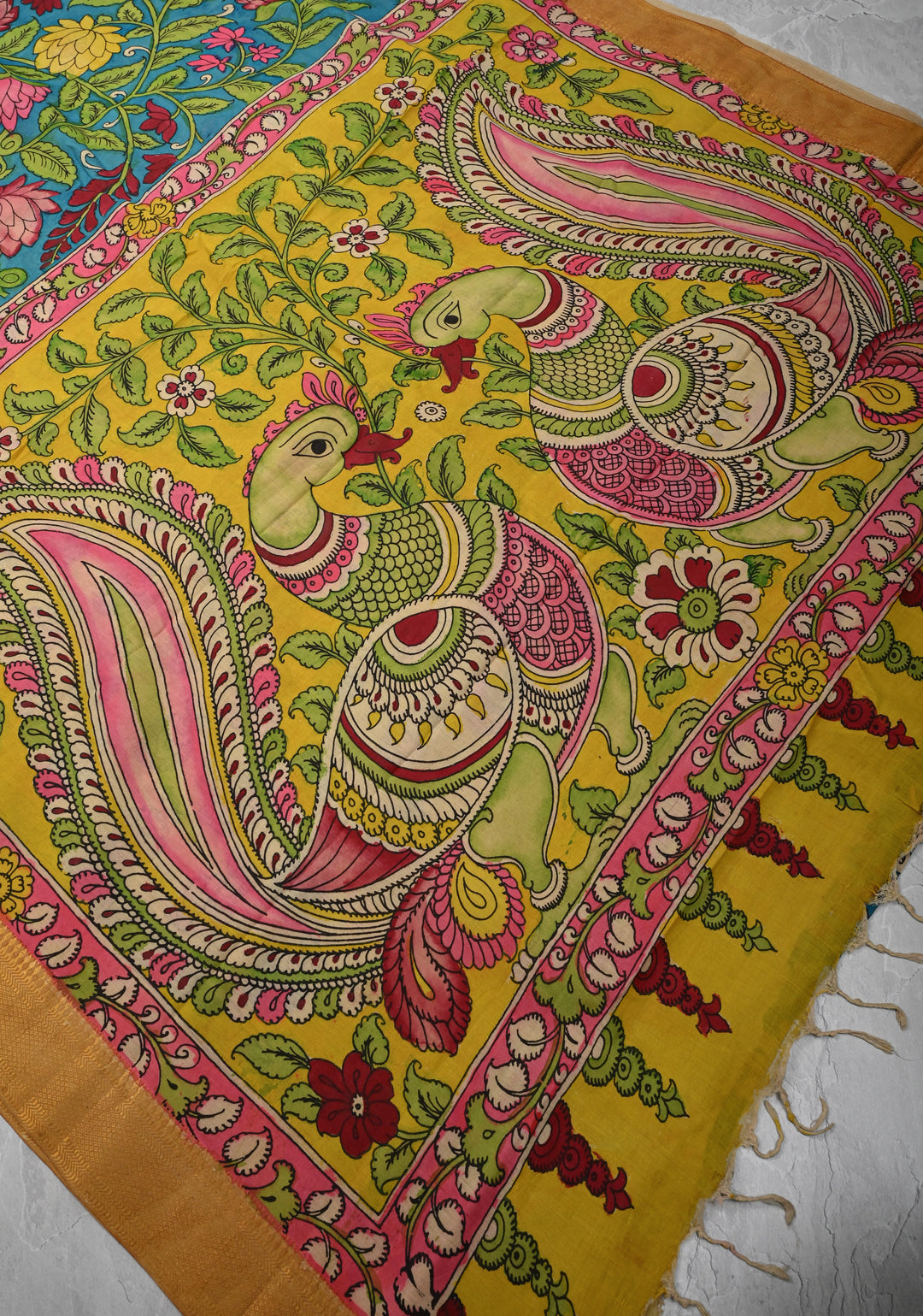 Floral Theme: Azure Blue Authentic Pen kalamkari on Mangalagiri Silk Cotton  Saree with Zari Border