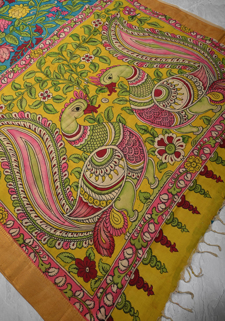Floral Theme: Azure Blue Authentic Pen kalamkari on Mangalagiri Silk Cotton  Saree with Zari Border