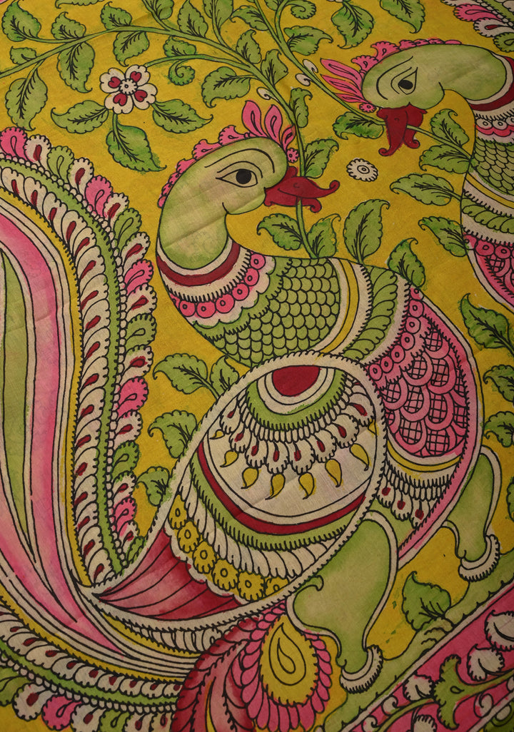 Floral Theme: Azure Blue Authentic Pen kalamkari on Mangalagiri Silk Cotton  Saree with Zari Border