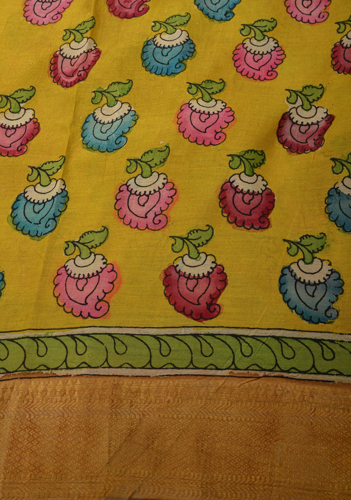 Floral Theme: Azure Blue Authentic Pen kalamkari on Mangalagiri Silk Cotton  Saree with Zari Border