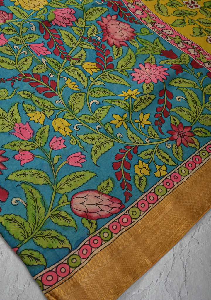 Floral Theme: Azure Blue Authentic Pen kalamkari on Mangalagiri Silk Cotton  Saree with Zari Border