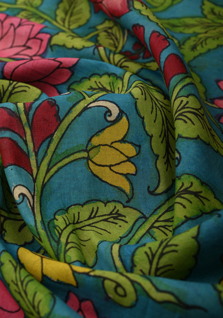 Floral Theme: Azure Blue Authentic Pen kalamkari on Mangalagiri Silk Cotton  Saree with Zari Border