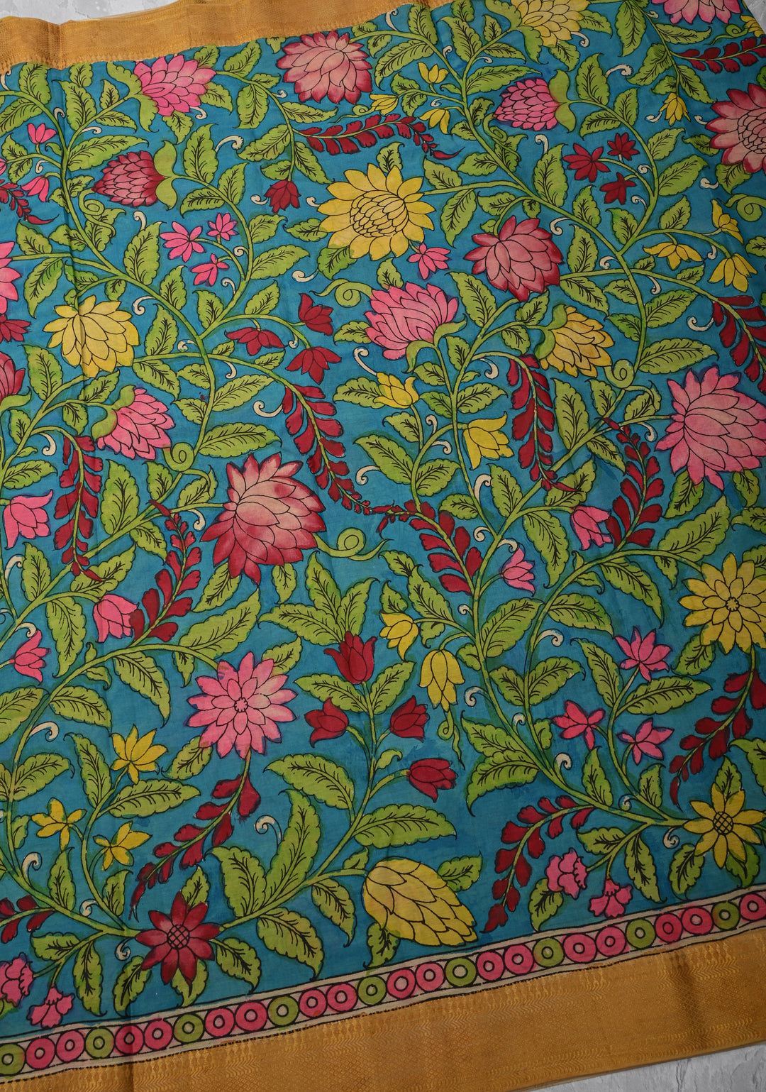 Floral Theme: Azure Blue Authentic Pen kalamkari on Mangalagiri Silk Cotton  Saree with Zari Border