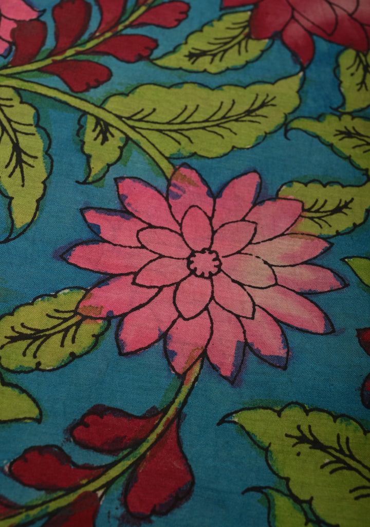 Floral Theme: Azure Blue Authentic Pen kalamkari on Mangalagiri Silk Cotton  Saree with Zari Border