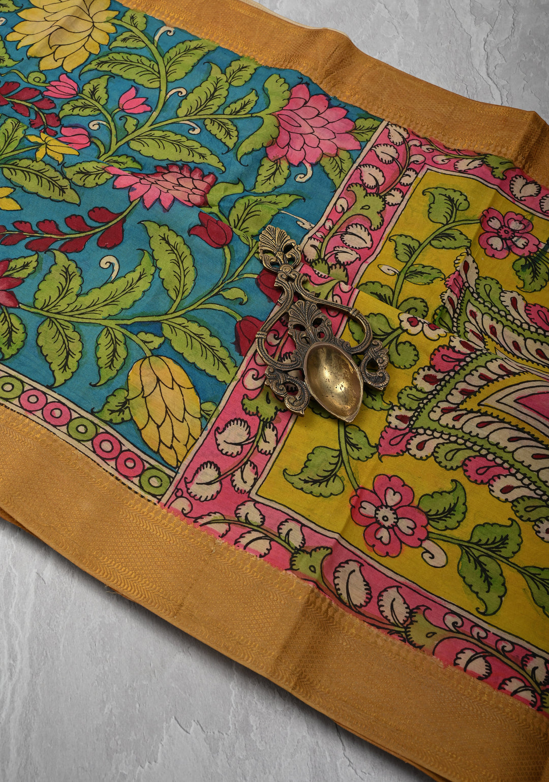 Floral Theme: Azure Blue Authentic Pen kalamkari on Mangalagiri Silk Cotton  Saree with Zari Border