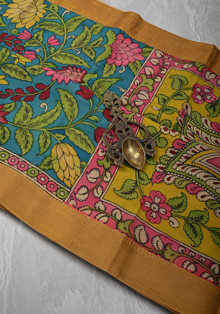 Floral Theme: Azure Blue Authentic Pen kalamkari on Mangalagiri Silk Cotton  Saree with Zari Border