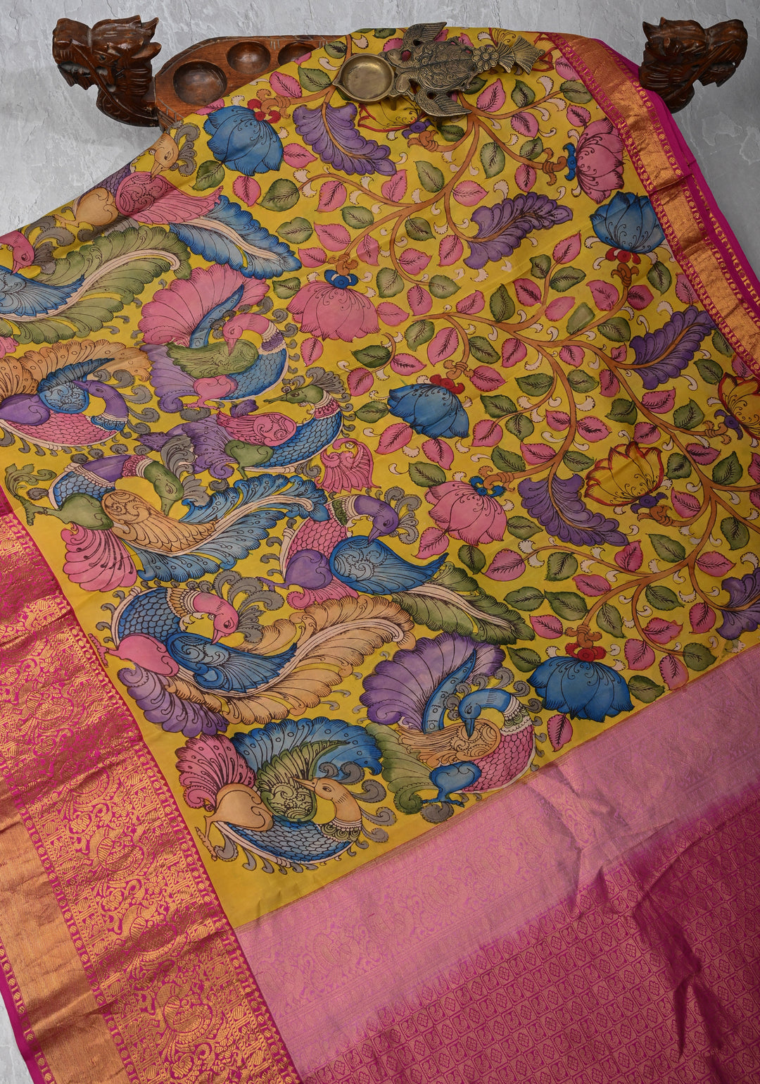 Floral Theme :  Yellow Authentic Pen kalamkari on Kanjivaram Silk Saree with Zari Border | SILK MARK CERTIFIED