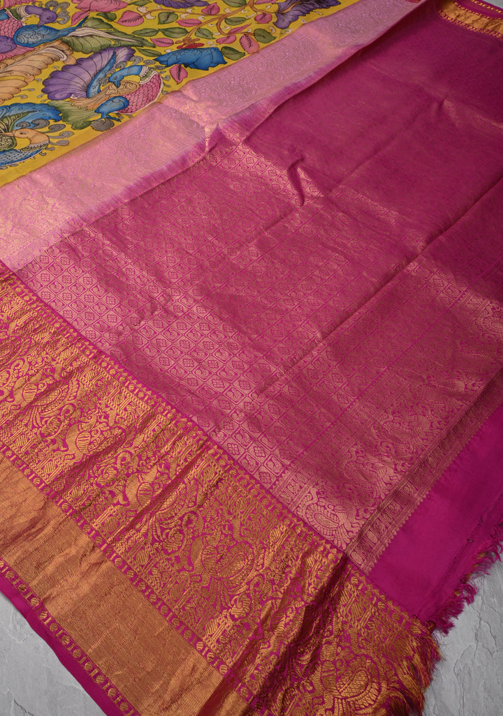 Floral Theme :  Yellow Authentic Pen kalamkari on Kanjivaram Silk Saree with Zari Border | SILK MARK CERTIFIED