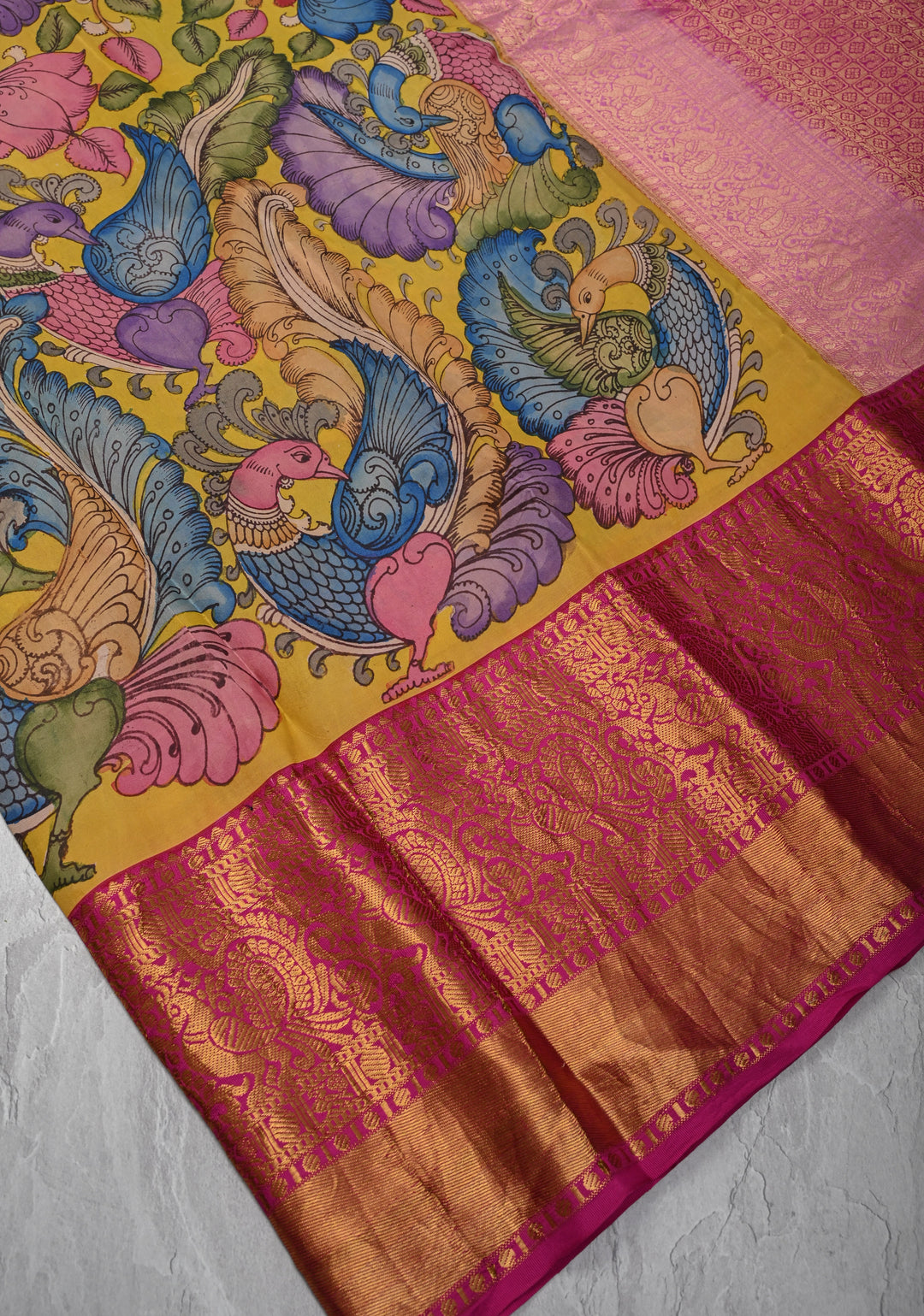 Floral Theme :  Yellow Authentic Pen kalamkari on Kanjivaram Silk Saree with Zari Border | SILK MARK CERTIFIED