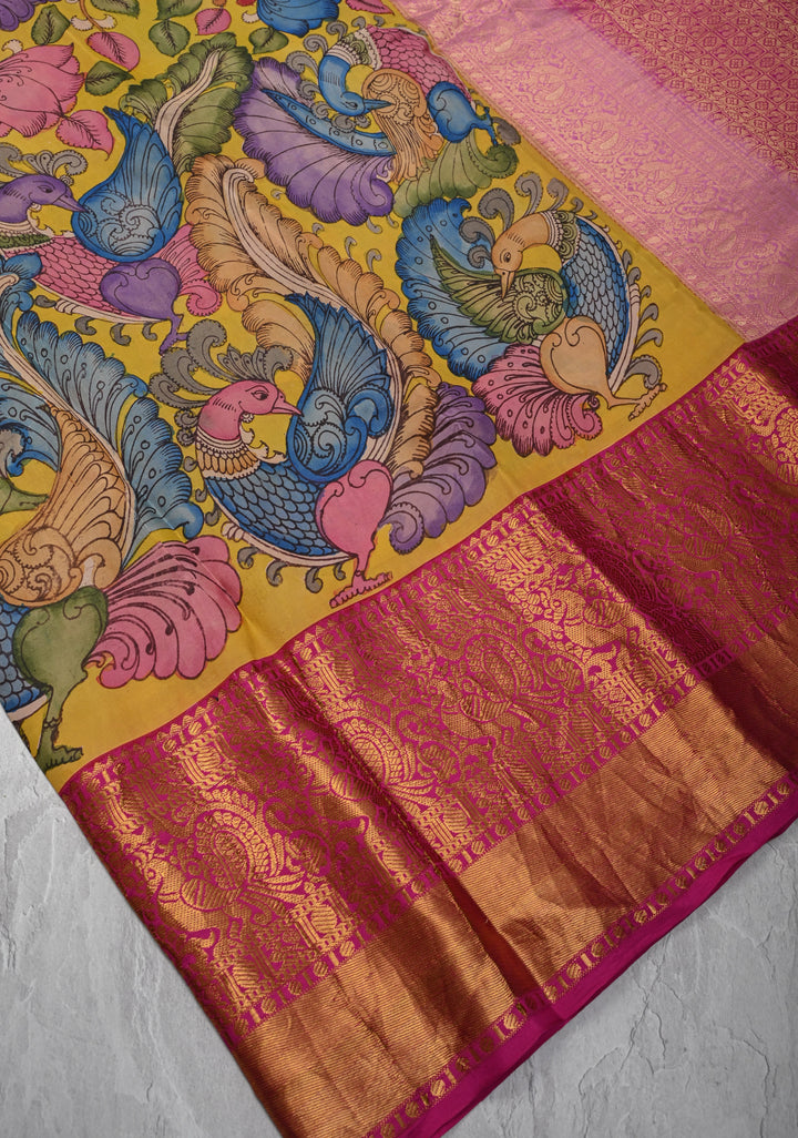 Floral Theme :  Yellow Authentic Pen kalamkari on Kanjivaram Silk Saree with Zari Border | SILK MARK CERTIFIED