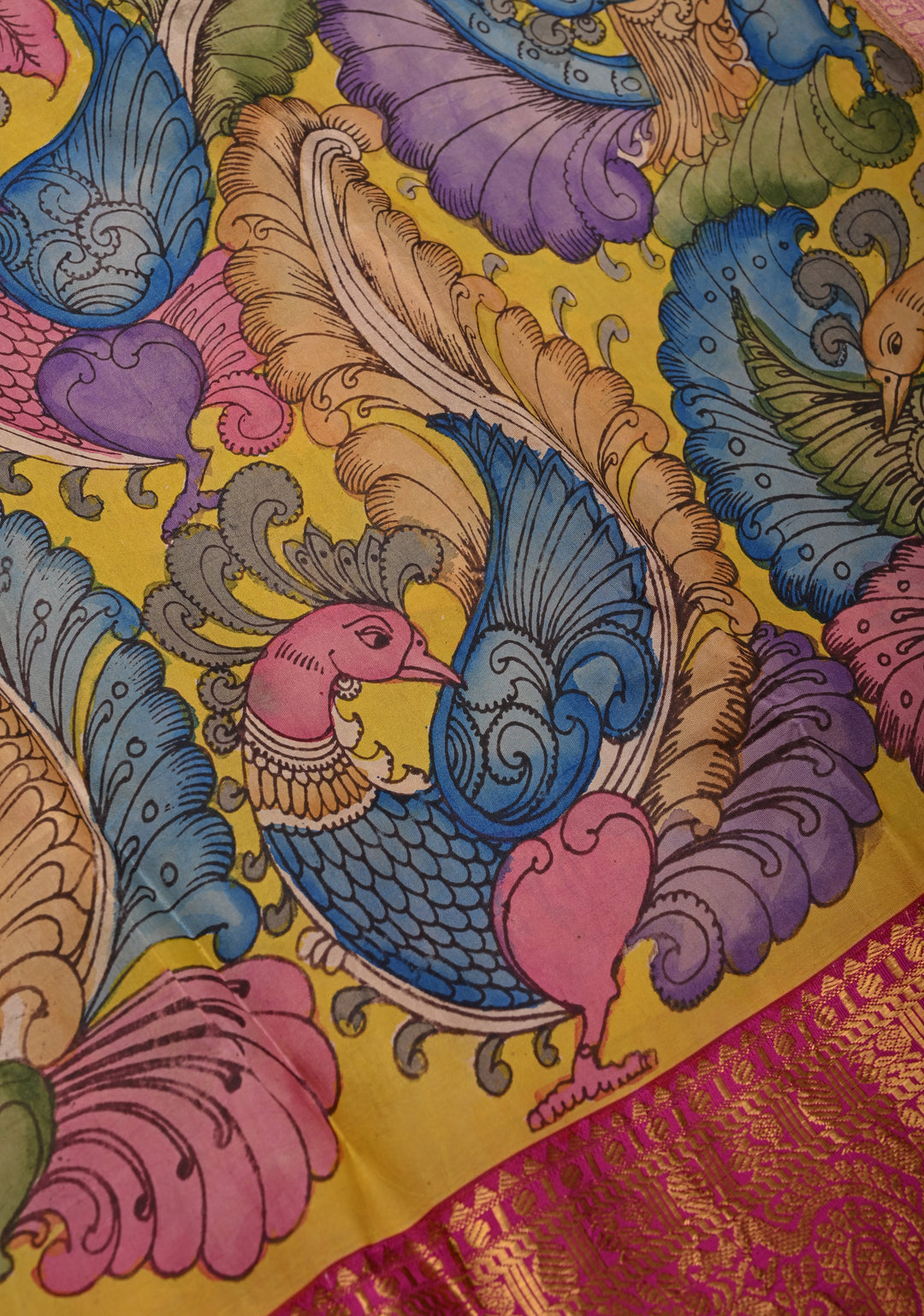 Floral Theme :  Yellow Authentic Pen kalamkari on Kanjivaram Silk Saree with Zari Border | SILK MARK CERTIFIED
