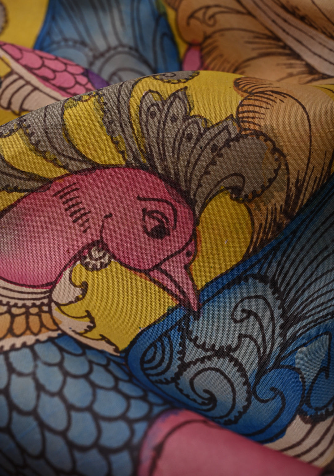 Floral Theme :  Yellow Authentic Pen kalamkari on Kanjivaram Silk Saree with Zari Border | SILK MARK CERTIFIED