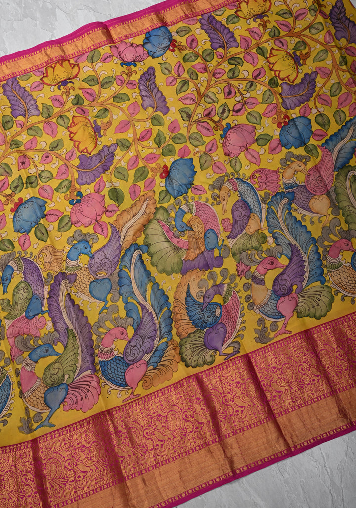 Floral Theme :  Yellow Authentic Pen kalamkari on Kanjivaram Silk Saree with Zari Border | SILK MARK CERTIFIED
